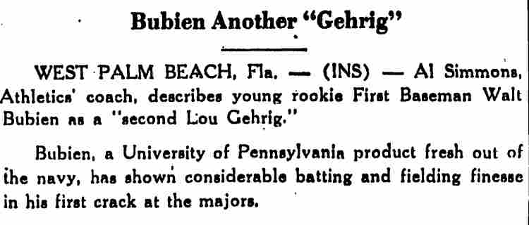 Bubien Another "Gehrig" — Trenton Evening Times, March 8, 1946