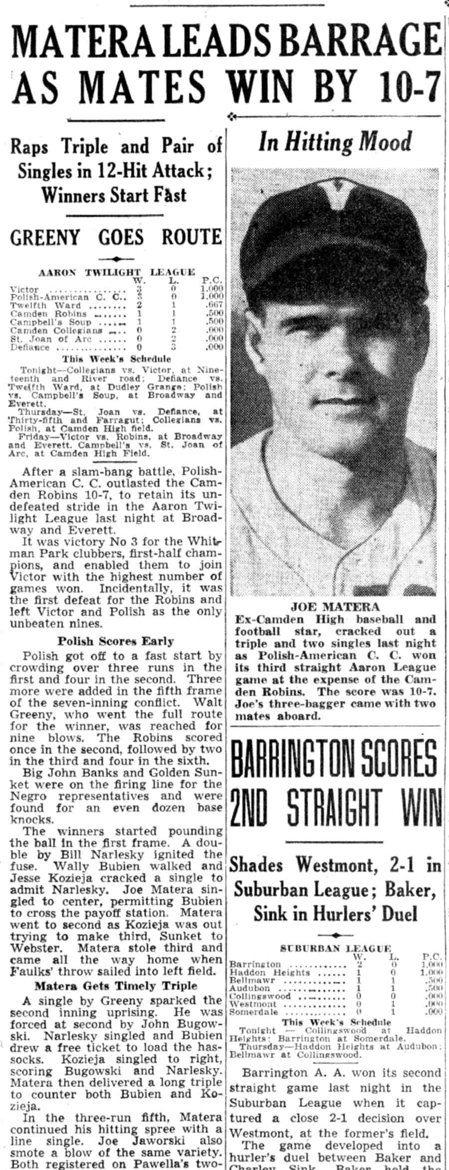 Matera Leads Barrage As Mates Win By 10-7 — Camden Courier-Post July 23, 1941