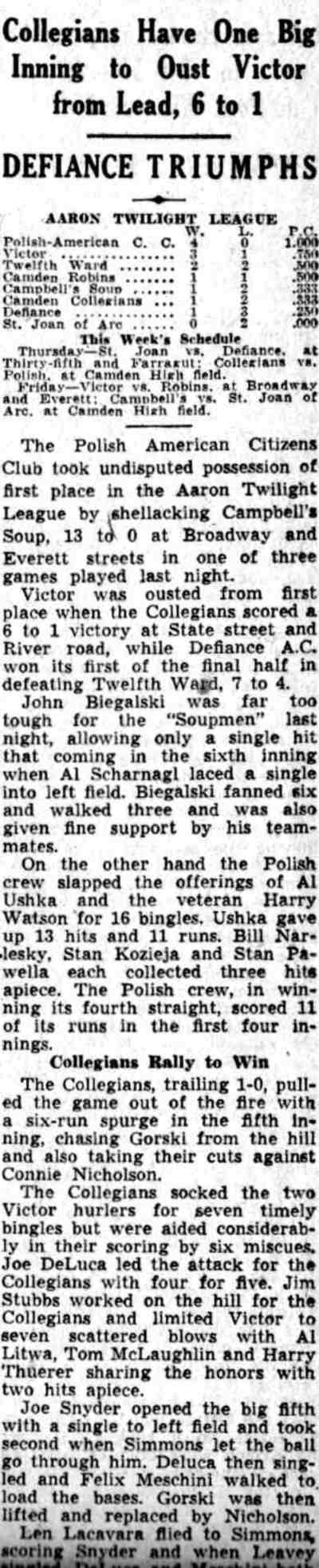 Polish A.C.C. vs Campbell's Soup — Camden Courier-Post July 24, 1941