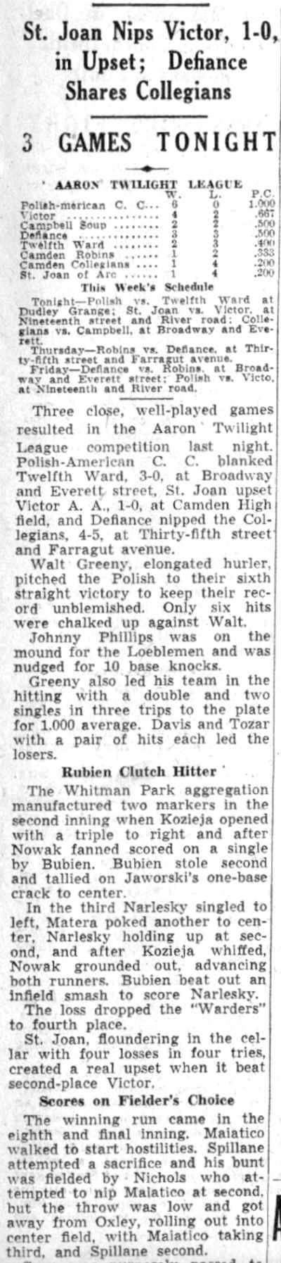 Polish-American vs Twelfth Ward — Camden Courier-Post July 30, 1941