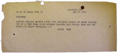 Telegram regarding Walter Bunting plane crash, December 27, 1920