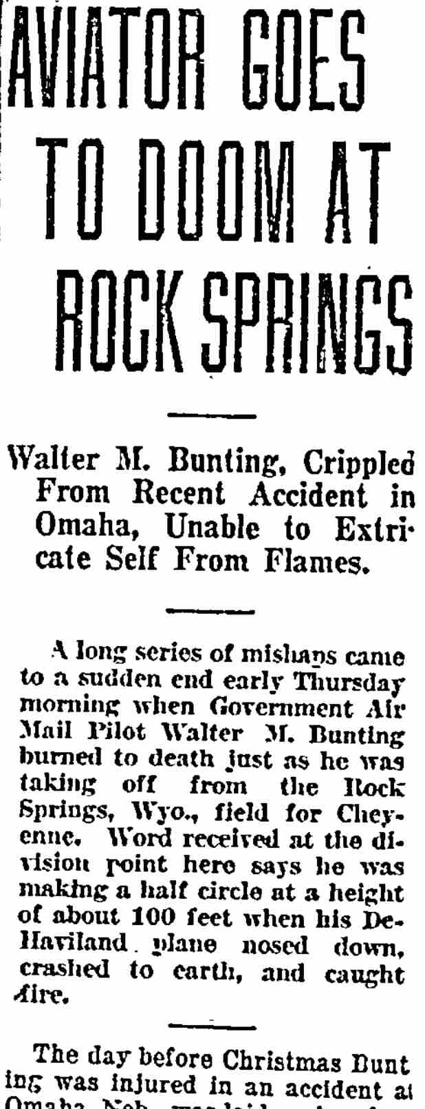 Aviator Goes to Doom at Rock Springs — Wyoming State Tribune, May 5, 1921, column 1