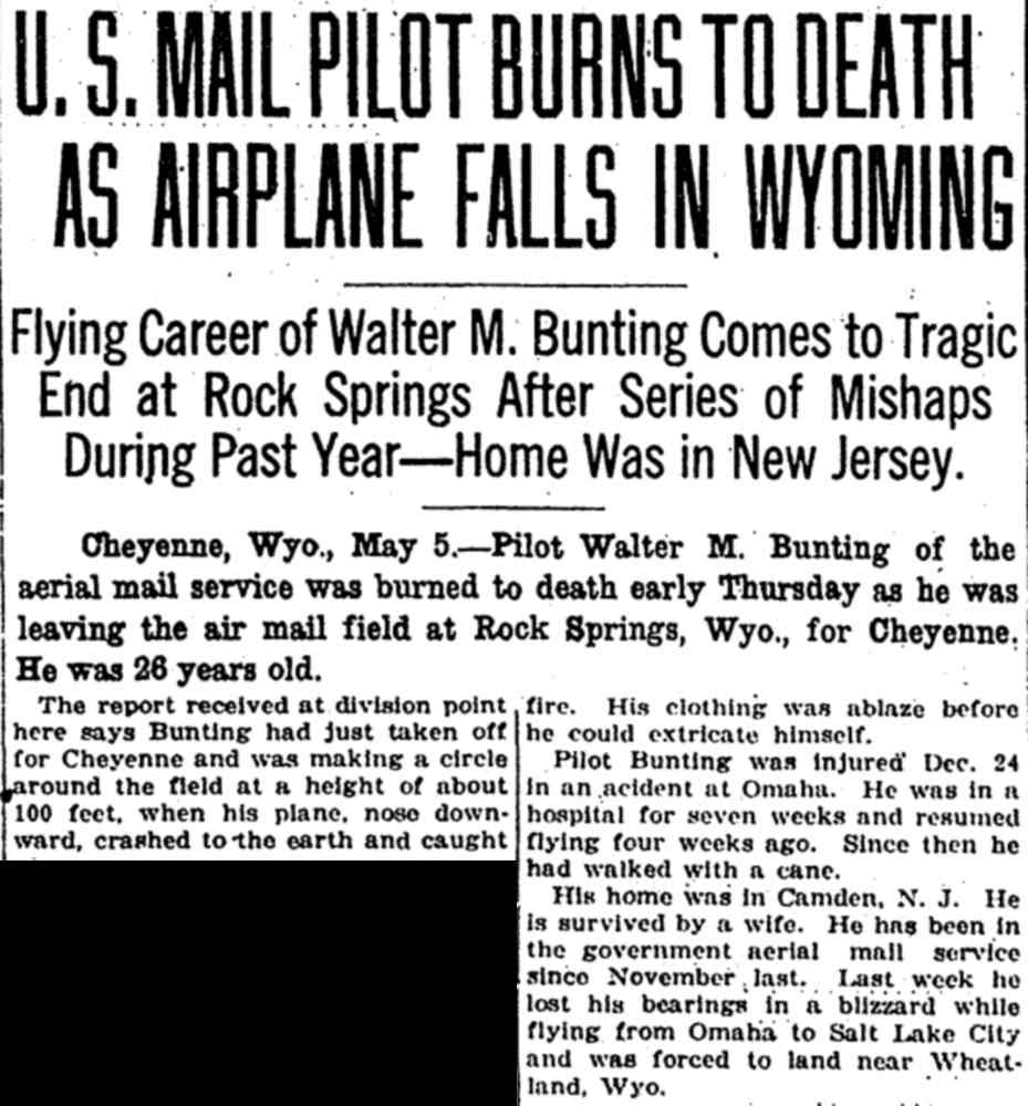 U.S. Mail Pilot Burns to Death as Airplane Falls in Wyoming, Denver Post, May 5, 1921