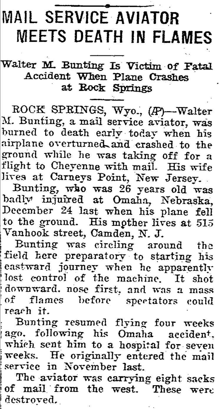 Mail Service Aviator Meets Death in Flames, Twin Falls News, May 5, 1921