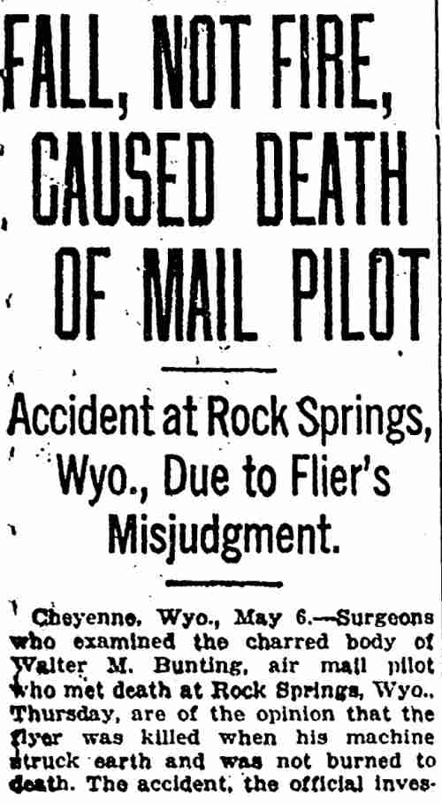 Fall, Not Fire, Caused Death of Mail Pilot, Denver Post, May 6, 1921 — column 1