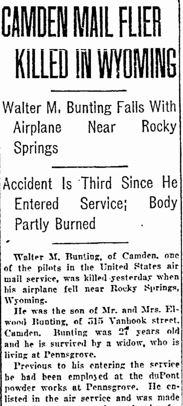 Camden Mail Flier Killed in Wyoming, Philadelphia Inquirer, May 6, 1921