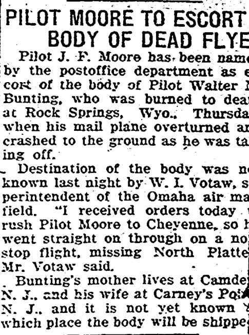 Pilot Moore to Escort Body of Dead Flyer, Omaha World Herald, May 7, 1921
