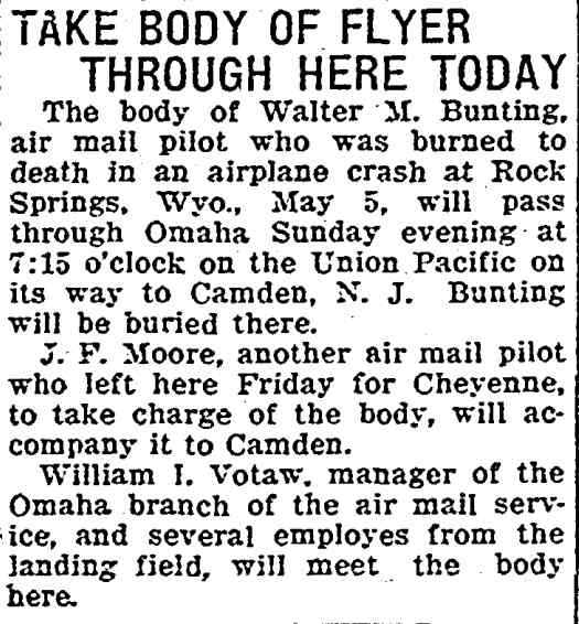 Take Body of Flyer Through Here Today, Omaha World Herald, May 8, 1921