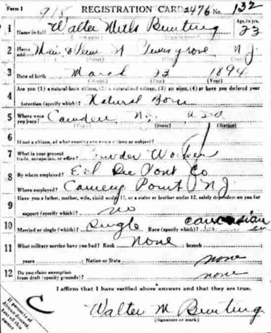 Walter M. Bunting — World War I Draft Registration Card