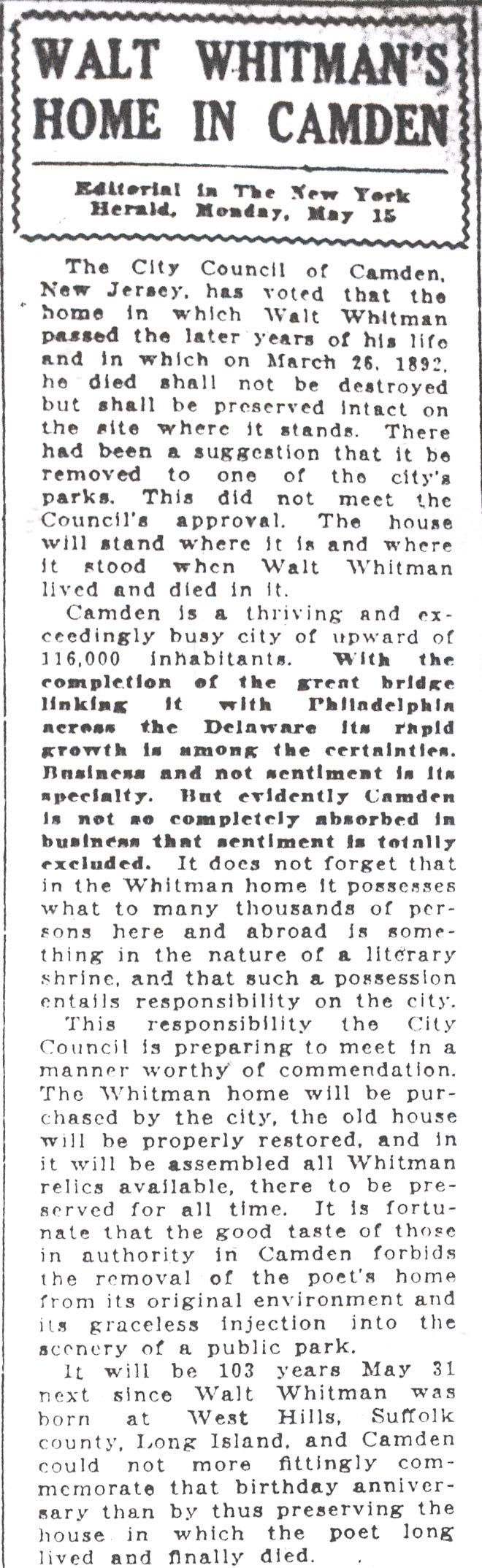 Walt Whitman's Home in Camden — New York Herald editorial, May 15 1922