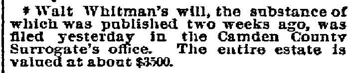 Walt Whitman will filed, Philadelphia Inquirer April 9 1892