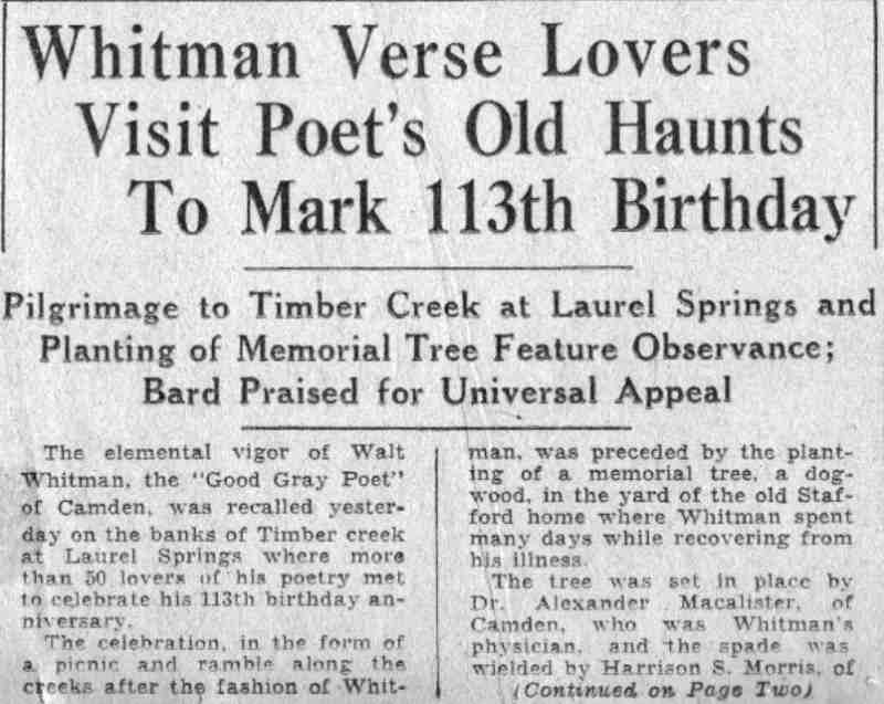 Whitman Verse Lovers Visit Poet's Old Haunts To Mark 113th Birthday — Camden Courier-Post June 1 1932
