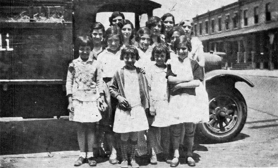 An Italian Class of the Wiley M.E. Church ready for an outing under direction of Miss Mary Etta Hackett (now Mrs. Gilmore), 1932