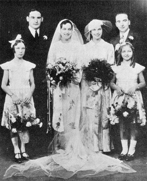 The Wedding Party, November 22, 1935. Left to Right: Rev. Gilmore, Maryette Gilmore, Virginia Hackett and Cecil Gilmore. In front, Jennie Weatherby and Olive Richardson, flower girls.