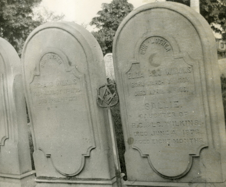 Graves at Evergreen Cemetery: Richard Wilkins (d. April 4, 1861), Eliza Ann Wilkins, and daughter Sallie