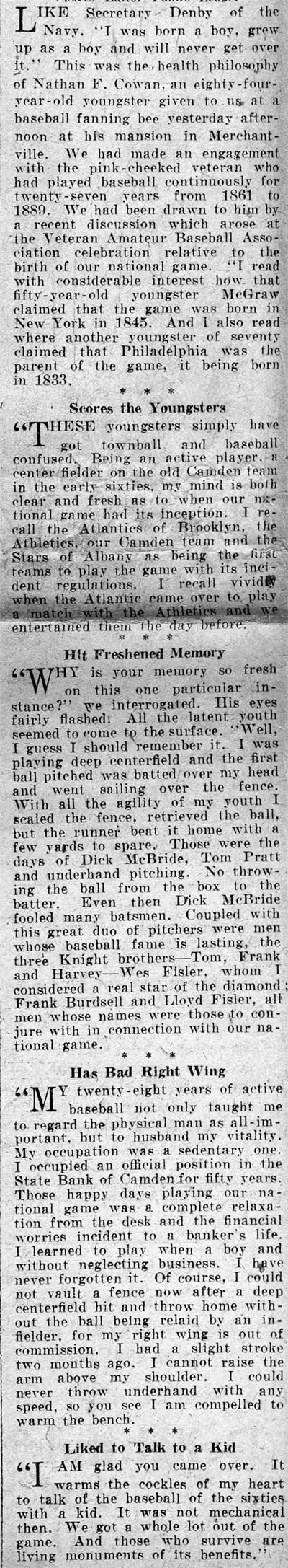 Undated Philadelphia newspaper article about Nathan Cowan's baseball career