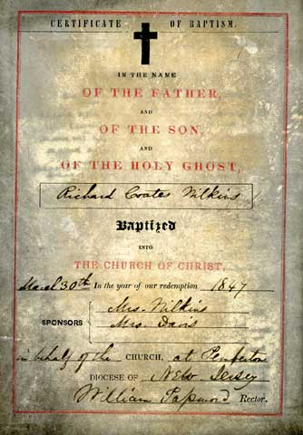 Baptism Certificate of Richard Coates Wilkins, Church of Christ, Pemberton, New Jersey, March 30, 1847