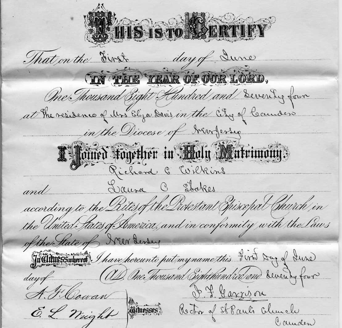 Marriage license of Richard Coates Wilkins and Laura Stokes, June 1, 1874