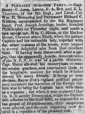 Undated Philadelphia newspaper article about officers of the 6th Regiment, New Jersey National Guard, visiting the Philadelphia home of Captain William C. Shinn
