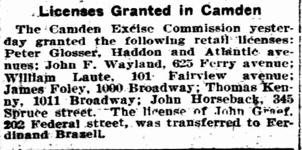 Philadelphia Inquirer clipping: Licenses Granted in Camden, January 2, 1902