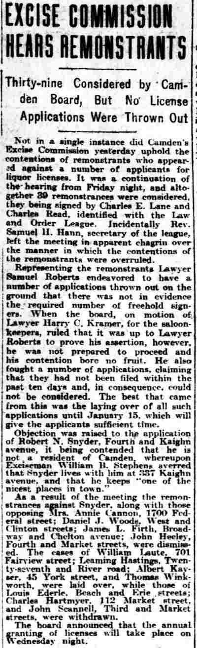 Philadelphia Inquirer clipping: Excise Commission Hears Remonstrants, January 10, 1909