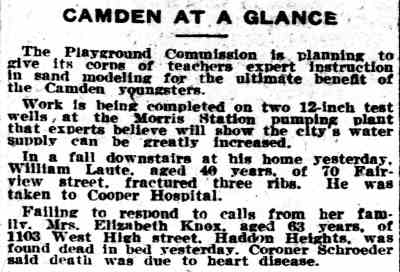 Philadelphia Inquirer clipping: Camden at a Glance including note about William Laute's injury, January 12, 1914