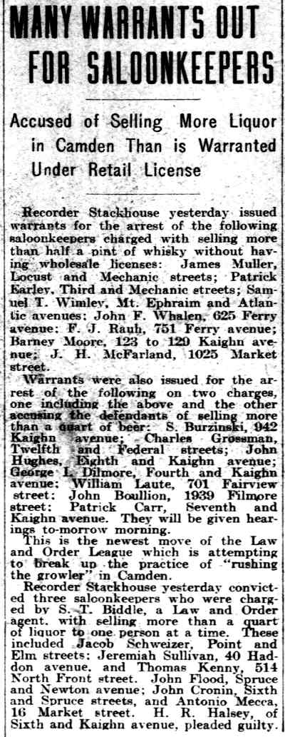 Philadelphia Inquirer clipping: Many Warrants Out for Saloonkeepers, March 8, 1906