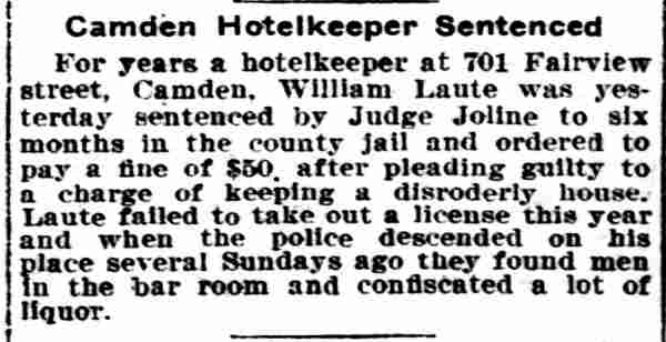 Philadelphia Inquirer clipping: Camden Hotelkeeper Sentenced, March 12, 1910