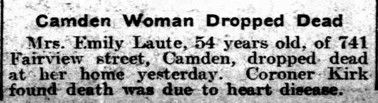 Camden Woman Dropped Dead, Philadelphia Inquirer, March 24, 1906