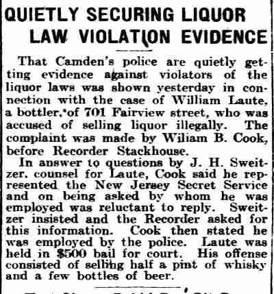 Philadelphia Inquirer clipping: Quietly Securing Liquor Law Violation Evidence, June 12, 1913