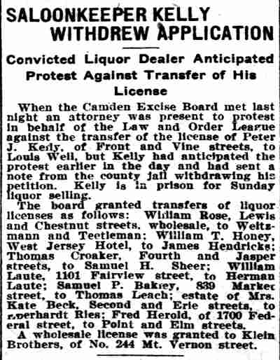 Philadelphia Inquirer clipping: Saloonkeeper Kelly Withdrew Application, August 2, 1900