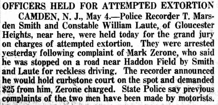 The Evening News Harrisburg clipping: Officers Held for Attempted Extortion, May 1925