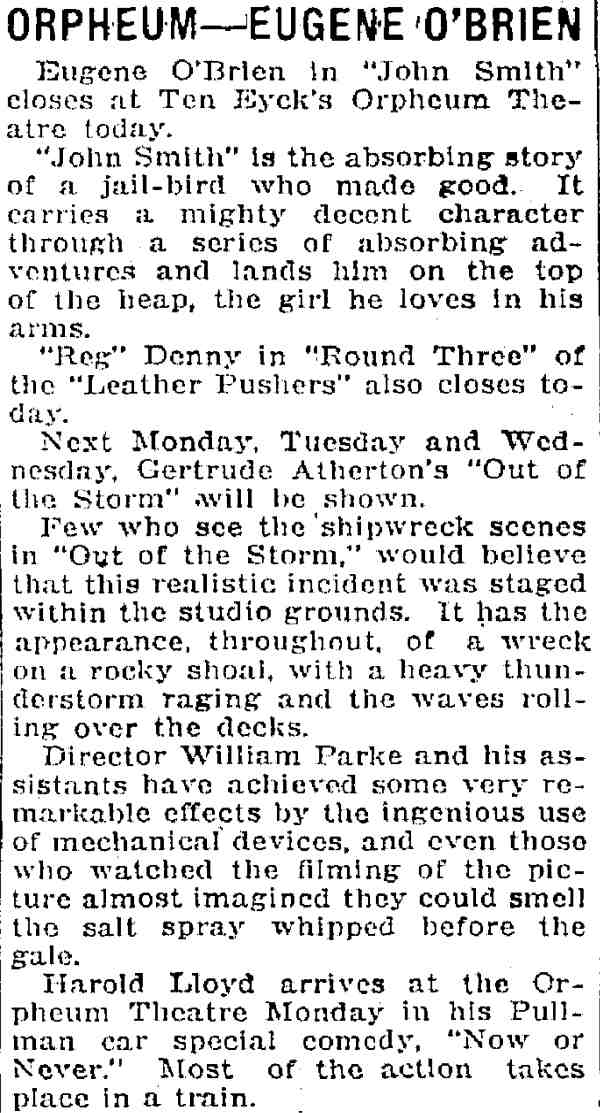 Trenton Evening Times, July 22, 1922 — second-run showing of Out of the Storm