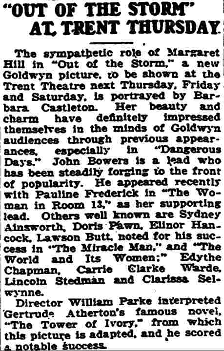 Trenton Times-Advertiser, September 12, 1920 — Barbara Castleton, John Bowers, Pauline Frederick, Gertrude Atherton