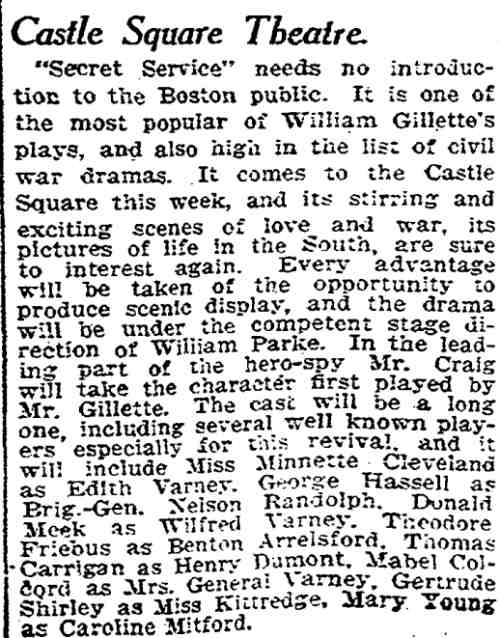 Boston Herald, November 1, 1908 — Secret Service cast including William Gillette, Donald Meek, John Craig, Mary Young