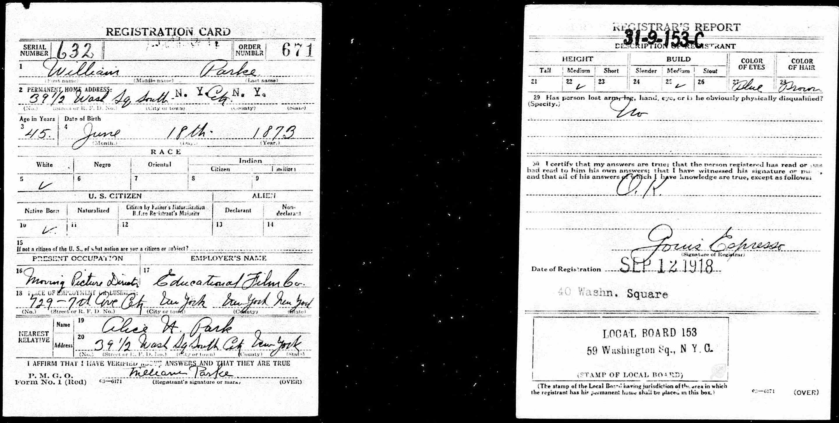 William Parke World War I draft card, September 12, 1918