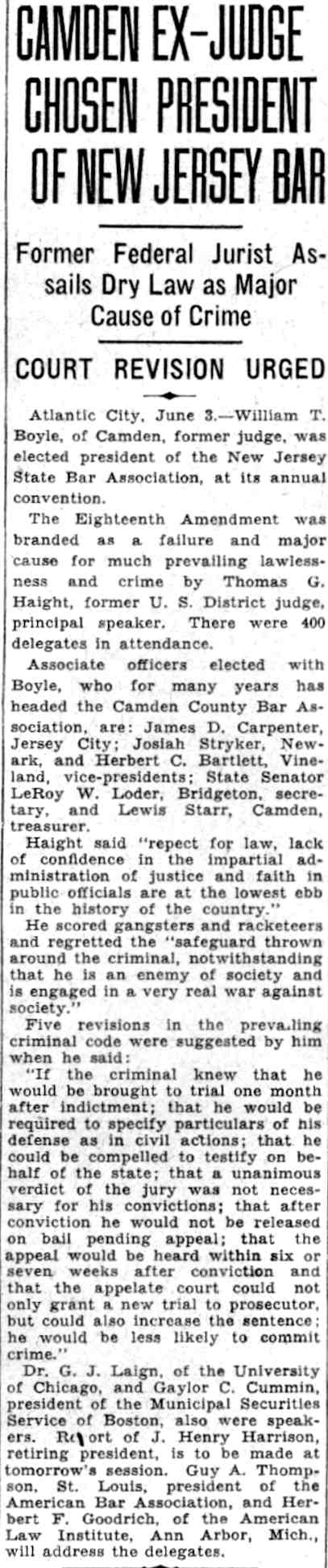 Camden Courier-Post, June 4, 1932 — Camden Ex-Judge Chosen President of New Jersey Bar