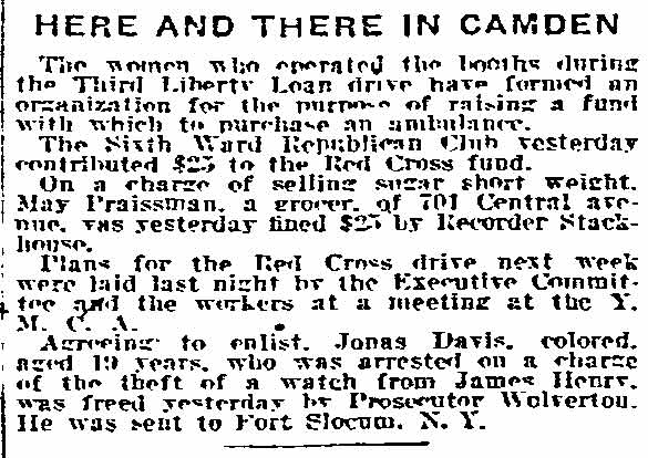 Here and There in Camden — 701 Central Avenue — Max Praissman fined — Philadelphia Inquirer, May 17, 1918