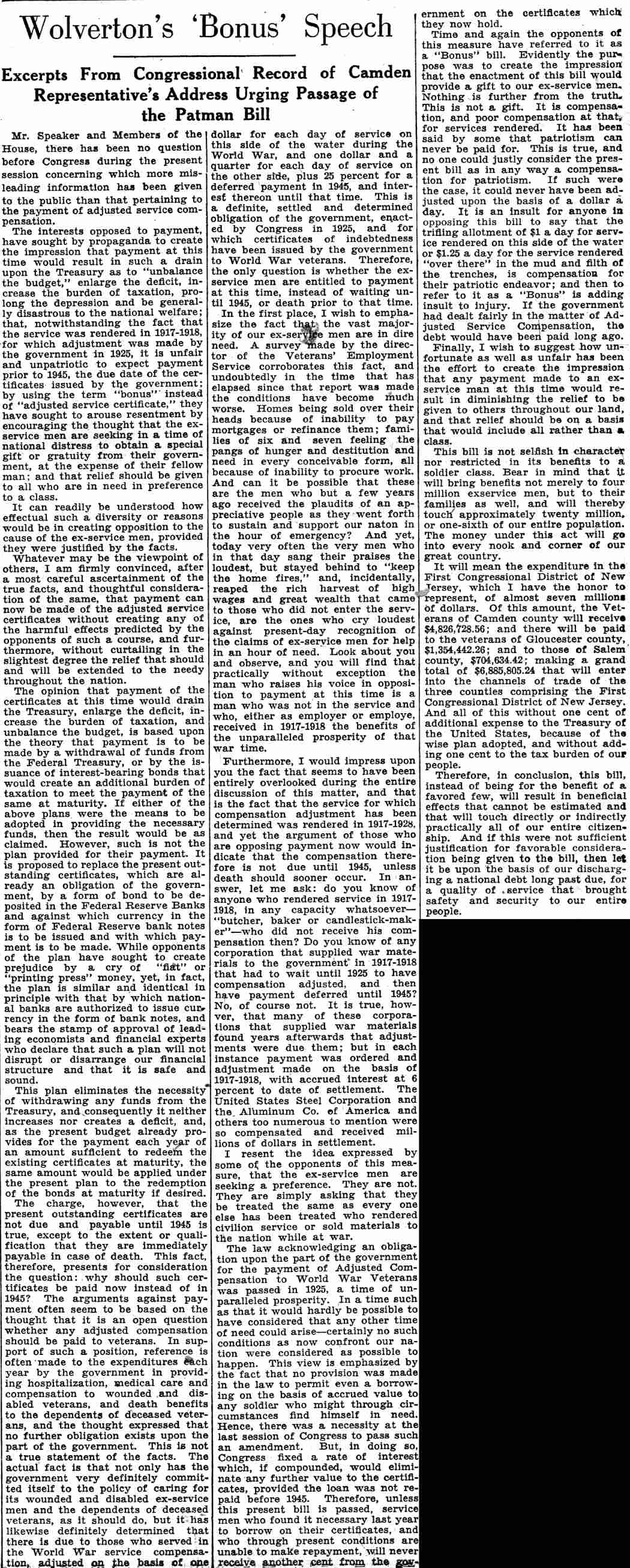 Wolverton’s ‘Bonus’ Speech - Camden Courier-Post, June 18, 1932