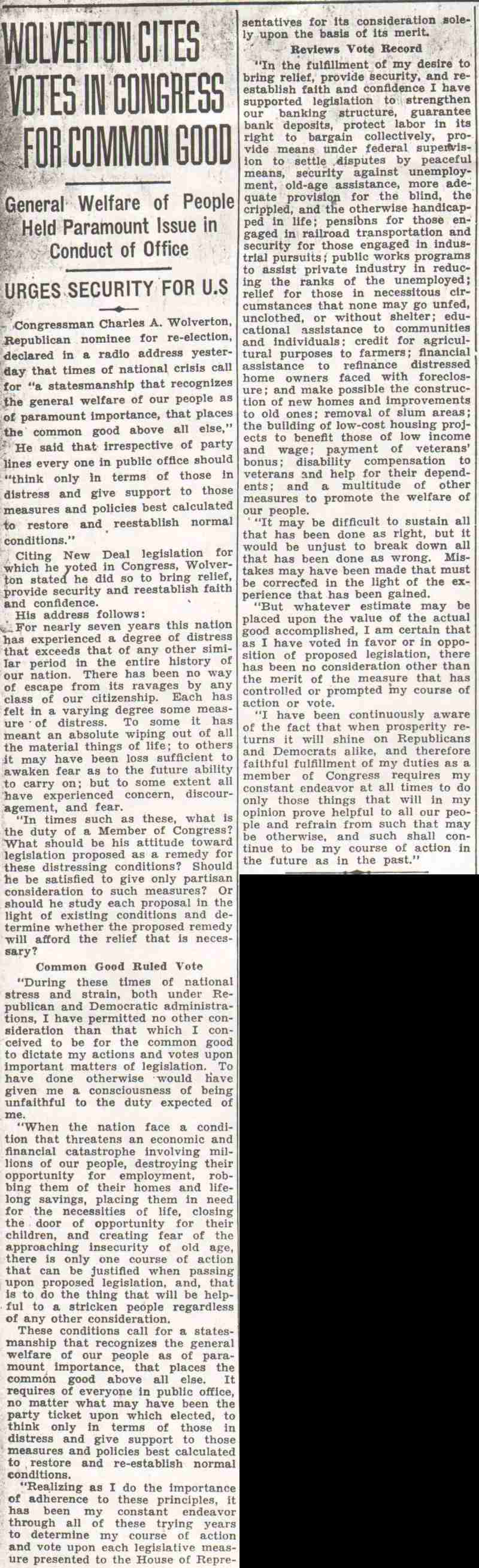 Wolverton Cites Votes in Congress for Common Good - Camden Courier-Post, October 28, 1936
