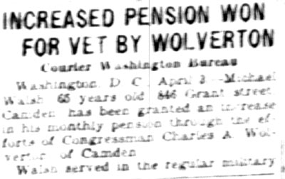Increased Pension Won for Vet by Wolverton - Camden Courier-Post, April 3, 1928
