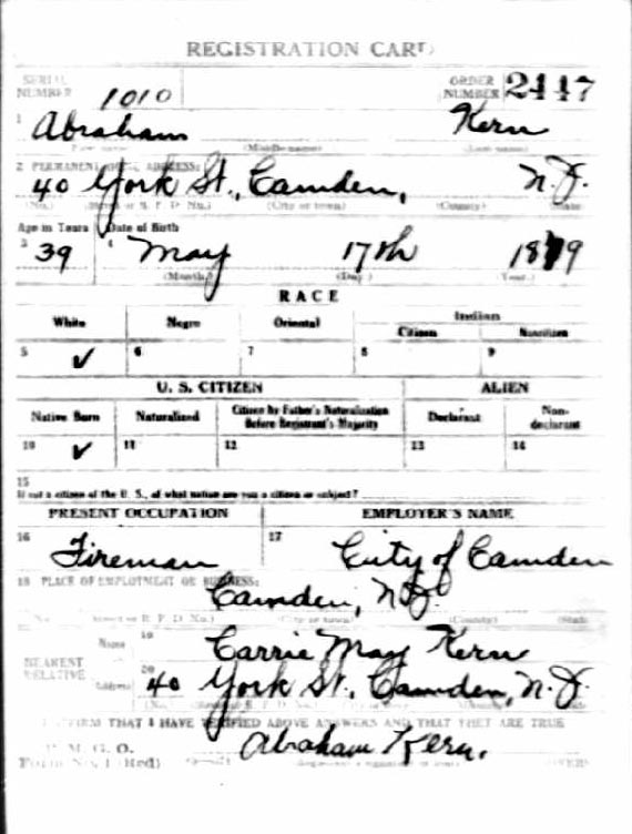 Abraham Kern World War I draft card, front