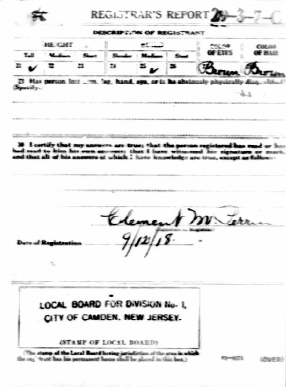 Abraham Kern World War I draft card, back