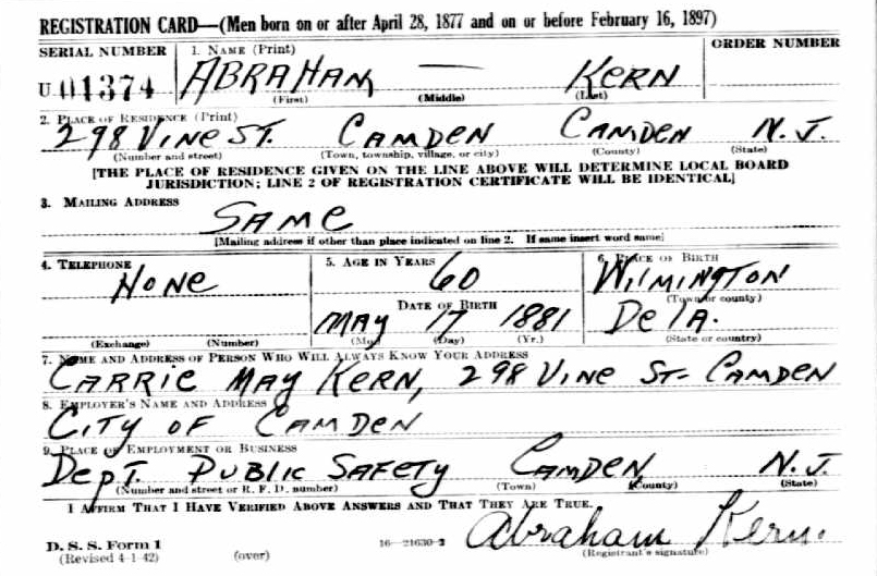 Abraham Kern World War II draft card