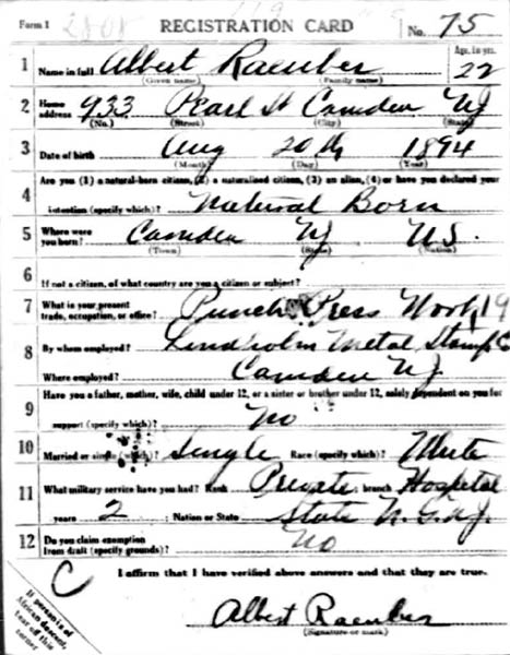 Albert Charles Raeuber World War I draft card, front
