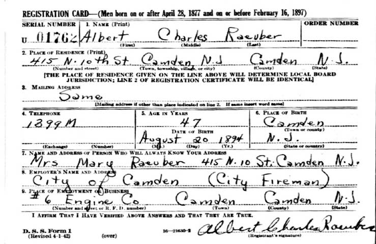 Albert Charles Raeuber World War II draft card