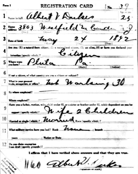 Albert V. Dukes Sr. World War I draft card, front