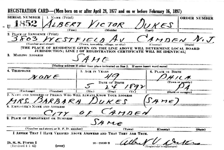 Albert V. Dukes Sr. World War II draft card