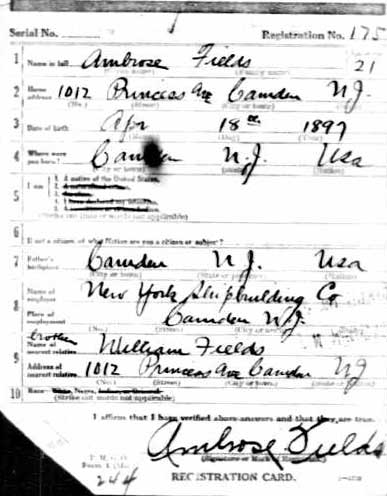 Alfred A. Fields World War I draft card, front