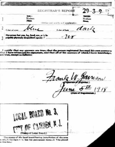 Alfred A. Fields World War I draft card, back